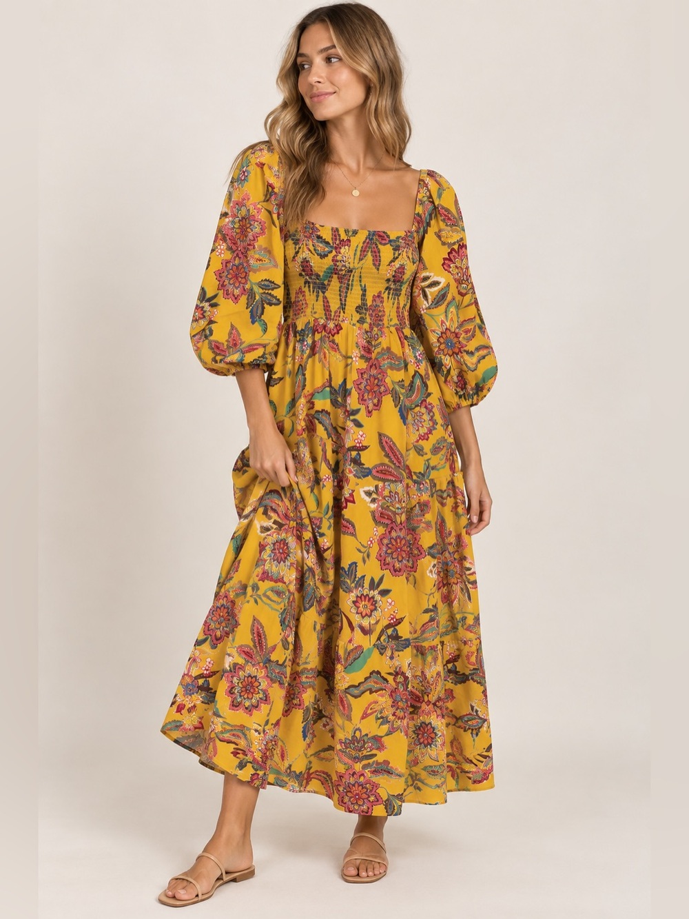 Johnny Was Smocked Square-Neck Floral Midi Dress Boho